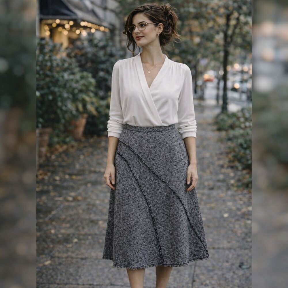 Vintage Spiegel Grey Black White Tweed Raw Hem Asymmetrical Midi Skirt Size 6